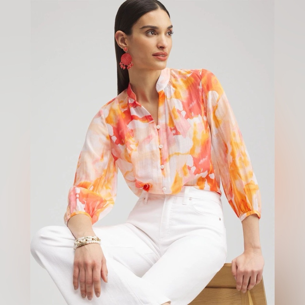 Chico's‎ Sheer Puff Sleeves Top Size 3.5 US 18 Tie Dye Watercolor Pintuck Collar